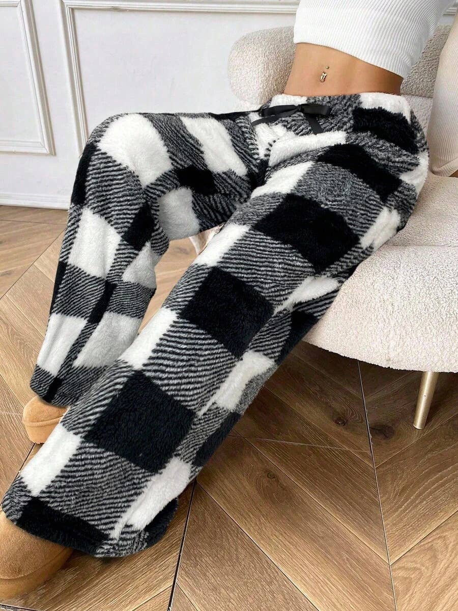 Winter Print Warm Flannel Fleece Plaid Lounge Pants