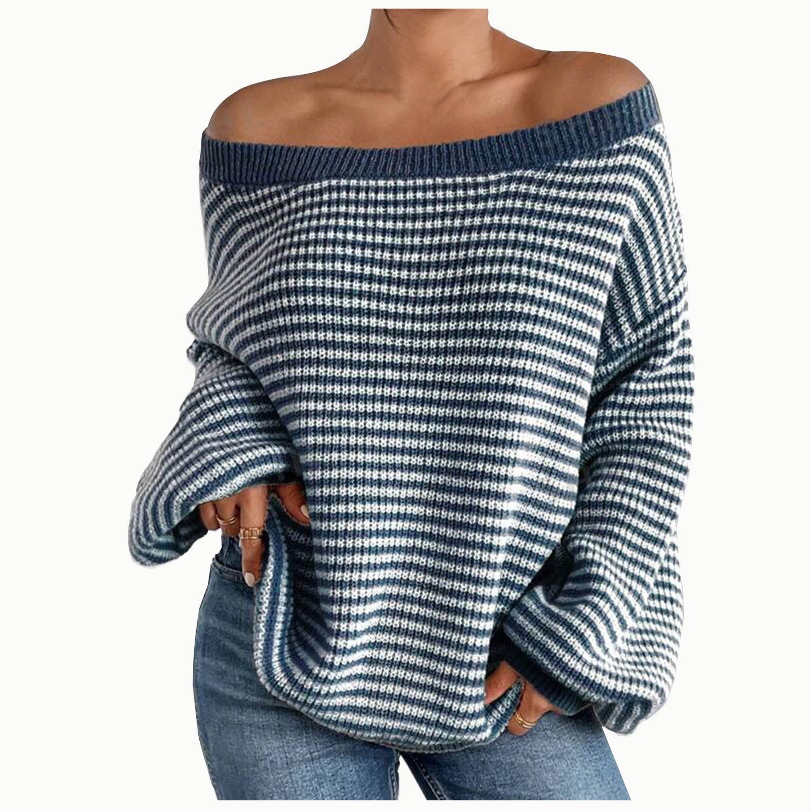 Womens Sweater Long Sleev Casual Loose Striped Off Shoulder Casual Oversized Knitted Sweater Pullovers