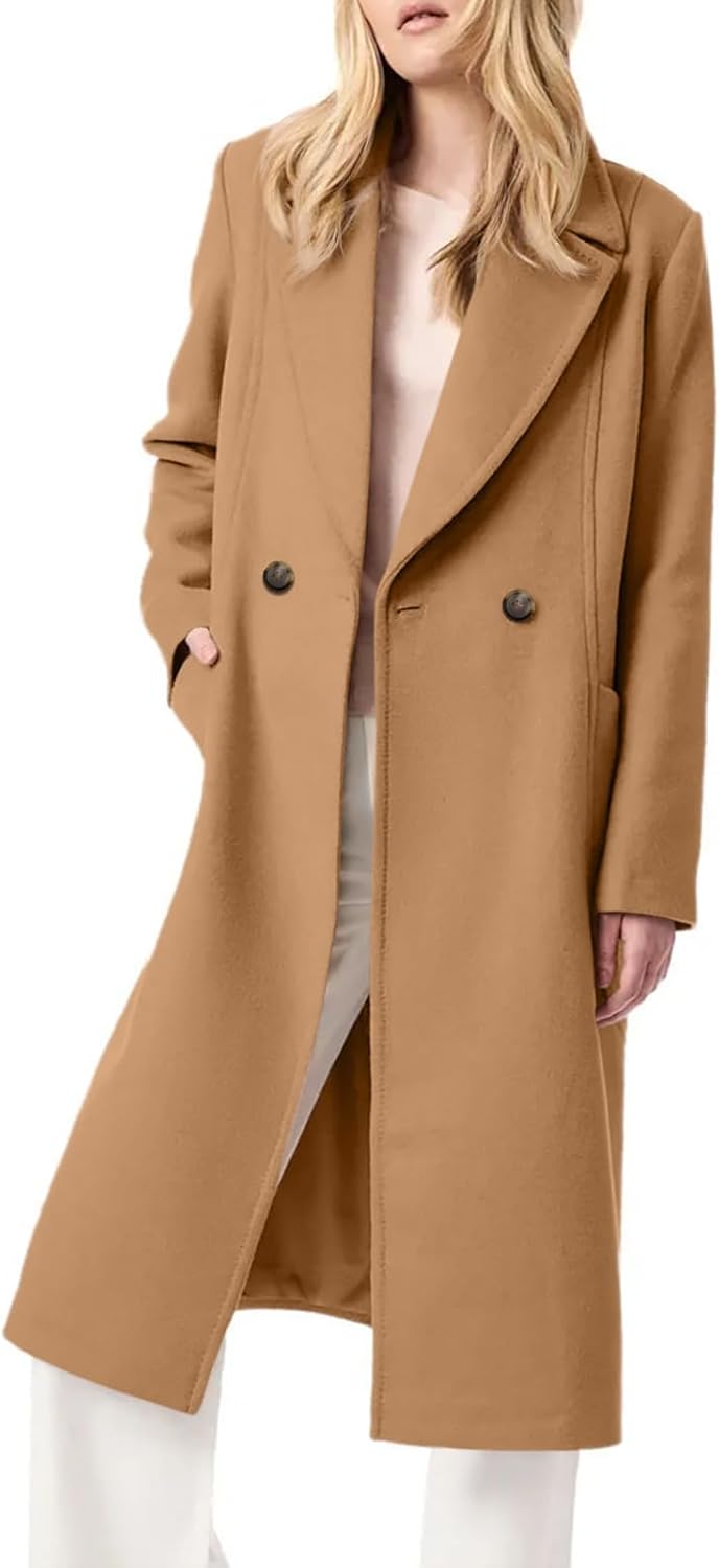 Women's Notch Lapel Collar Pea Coat Long Sleeve Casual Fall Winter Long Overcoat with Belt