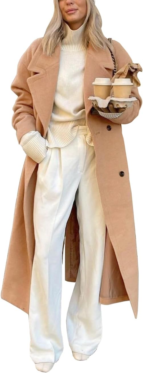 Womens Long Wool Coats Fall Winter Big Notch Lapel Oversized Peacoat Overcoat