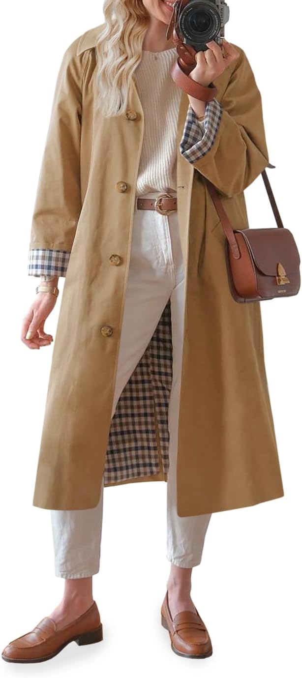 Women Long Trench Coat Single Breasted Oversized Windproof Overcoat Fashion Outerwear