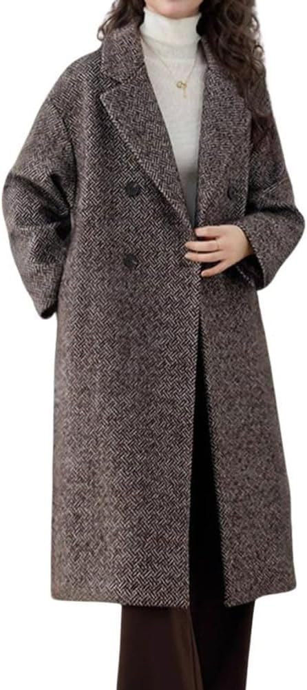 Women's Winter Herringbone Stripe Long Wool Coat Double Breasted Dressy Casual Trench Coat Overcoat