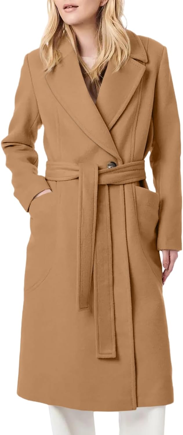Women's Notch Lapel Collar Pea Coat Long Sleeve Casual Fall Winter Long Overcoat with Belt