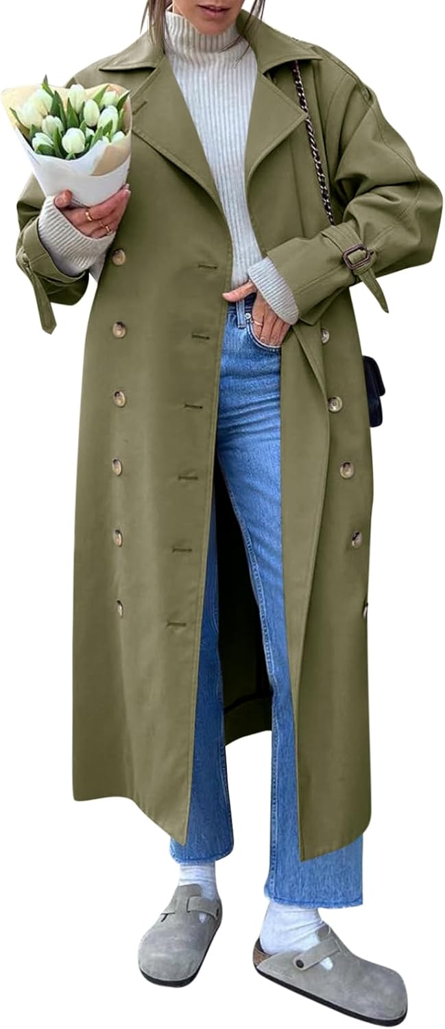 Women Long Trench Coat Oversized Double Breasted Windproof Classic Lapel Casual Fall Overcoat