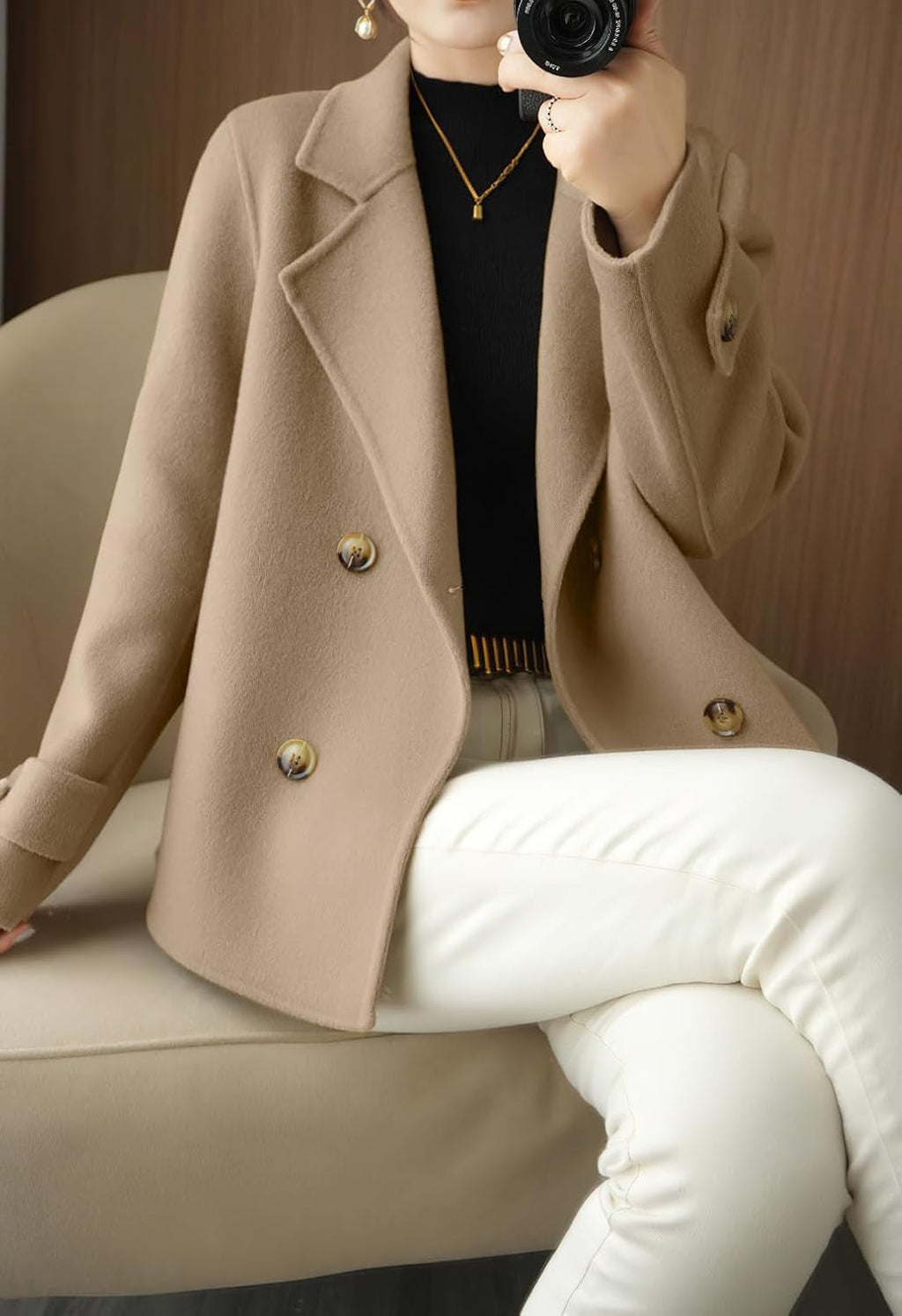 Womens Fall Winter Casual Business Wool Blend Coat Loose Double Breasted Dressy Blazer Pea Coat