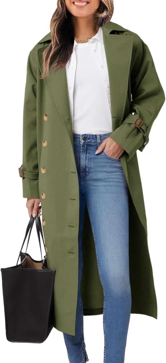 Women Long Trench Coat Oversized Double Breasted Windproof Classic Lapel Casual Fall Overcoat