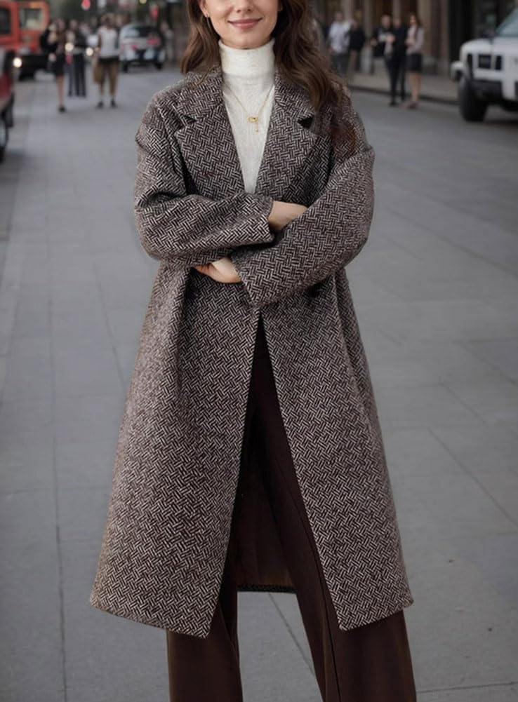 Women's Winter Herringbone Stripe Long Wool Coat Double Breasted Dressy Casual Trench Coat Overcoat