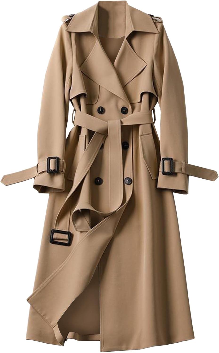 Women Double Breasted Long Trench Coat Belted Notch Lapel Overcoat Windproof Classic Outerwear