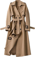 Women Double Breasted Long Trench Coat Belted Notch Lapel Overcoat Windproof Classic Outerwear
