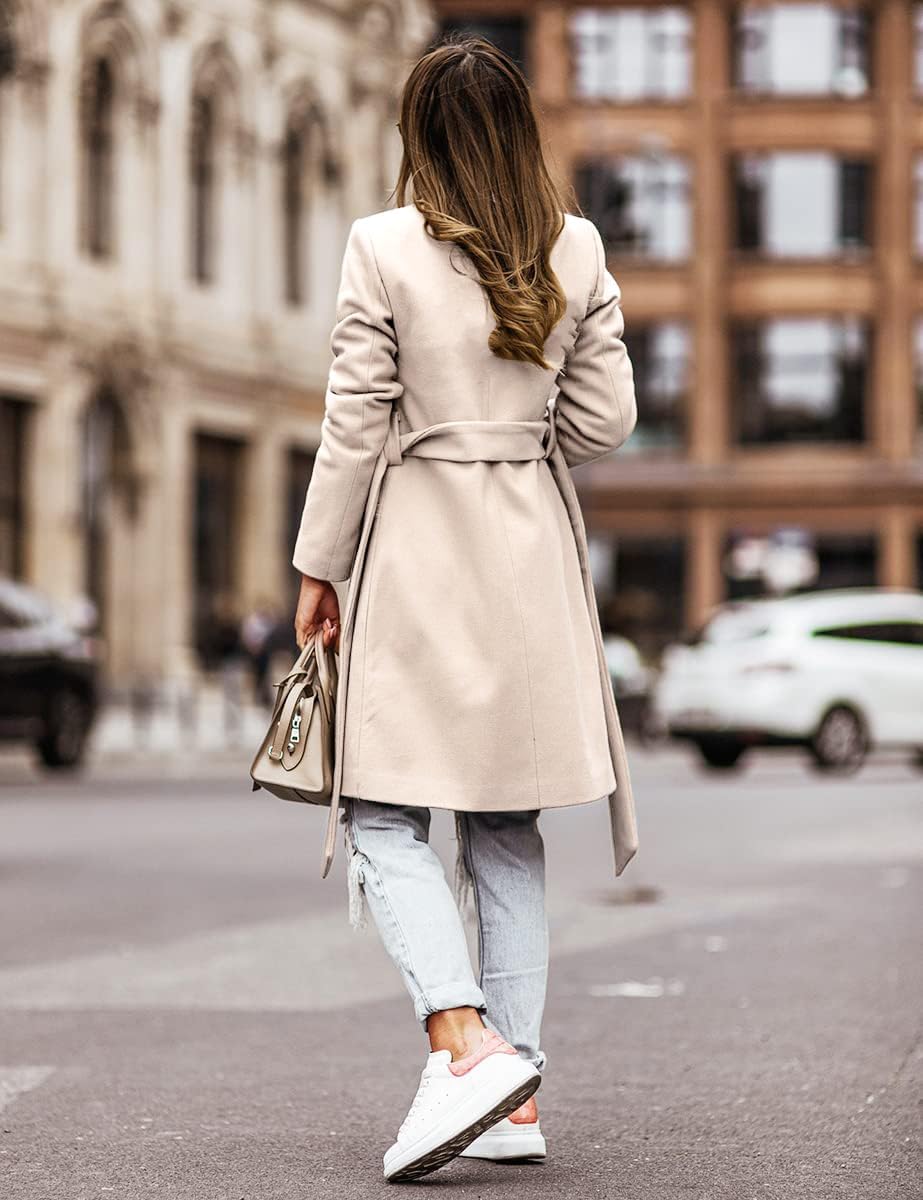 Womens Wool Coats Fall Winter Double Breasted Trench Coat with Belt