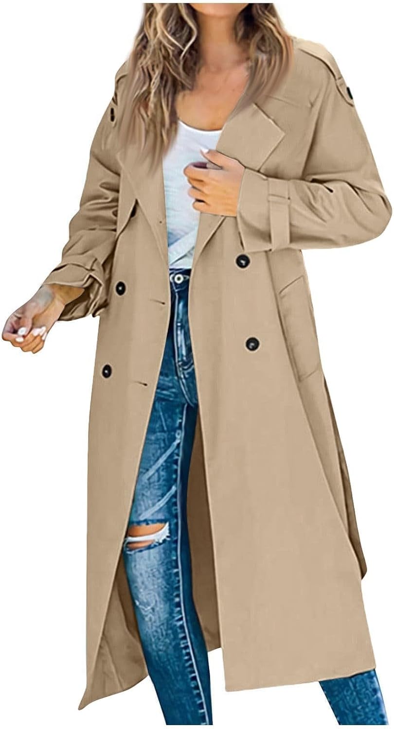 Women Trench Coat Double Breasted Long Trench Coat Spring Fall Fashion Windproof Classic Lapel Overcoat with Belt
