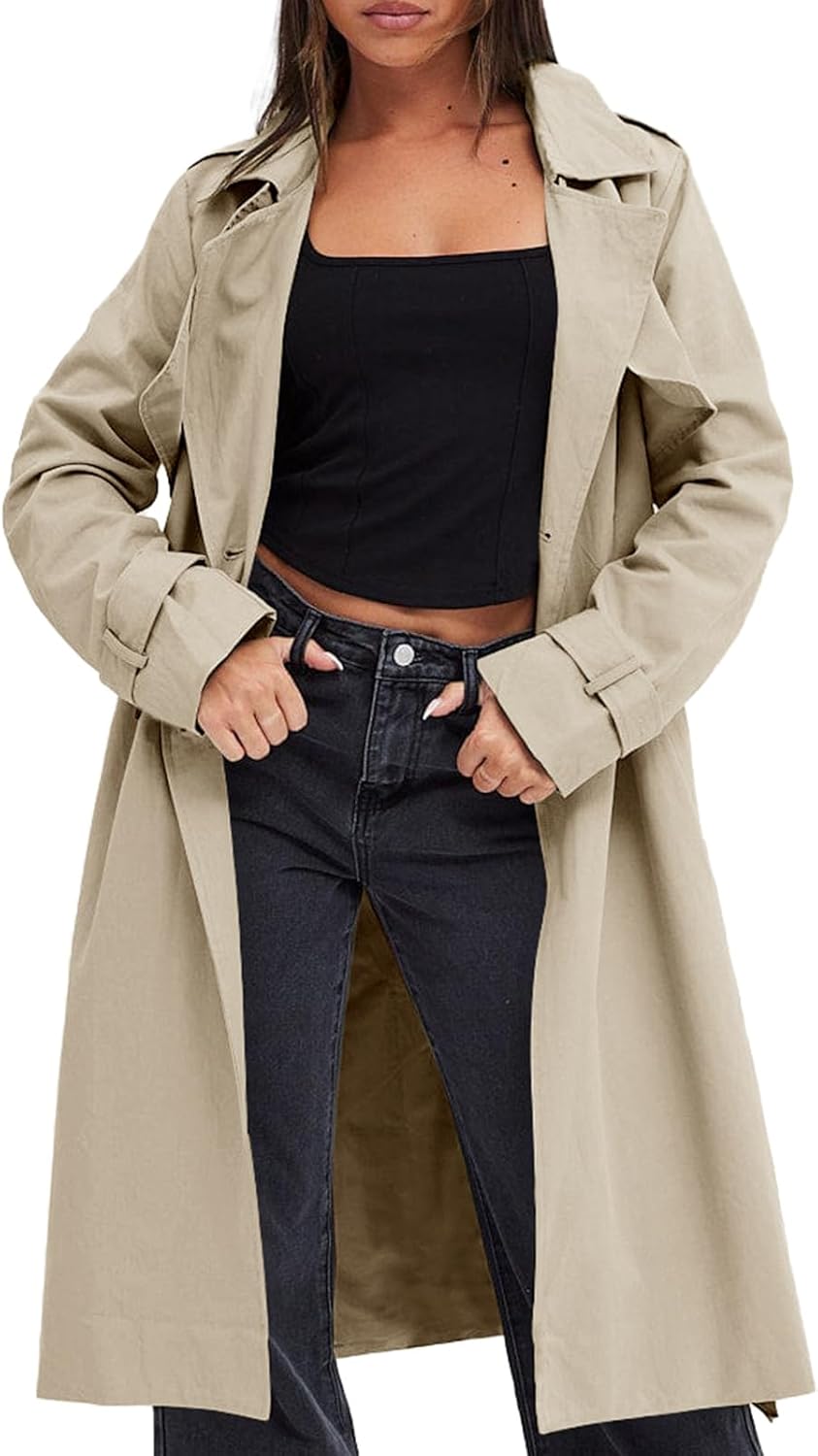 Women Double Breasted Trench Coats Causal Windproof Long Lapel Pocketed Overcoat with Belt