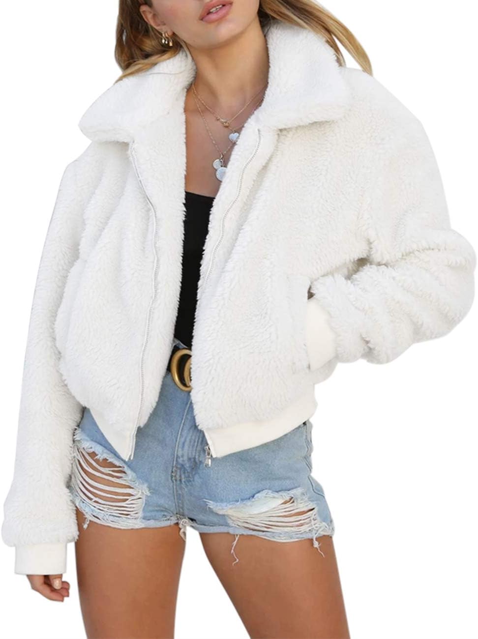 Women's Short Faux Fur Coat Casual Shaggy Jacket with Pockets Warm Winter Zip-Up Fluffy Outwear