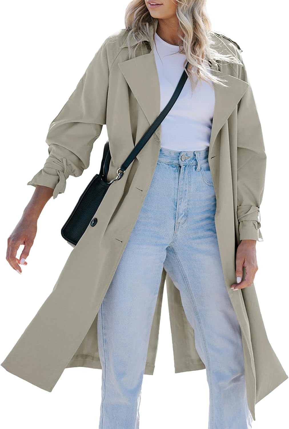 Women Long Trench Coat Double Breasted Classic Lapel Oversized Windproof Overcoat Outerwear with Belt