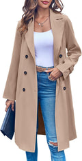 Women Double Breasted 3/4 Long Trench Coat Elegant Windproof Lapel Belted Overcoat