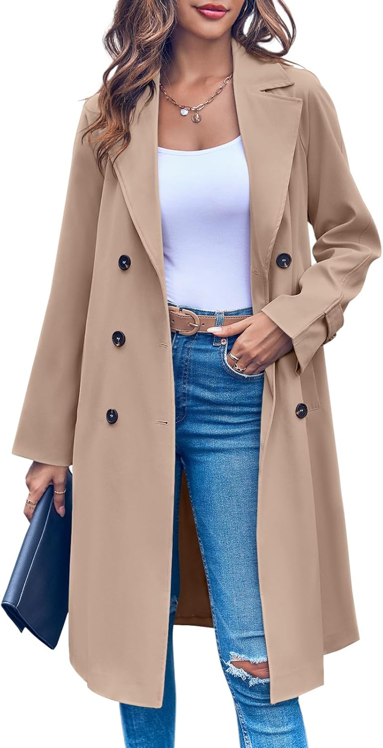 Women Double Breasted 3/4 Long Trench Coat Elegant Windproof Lapel Belted Overcoat