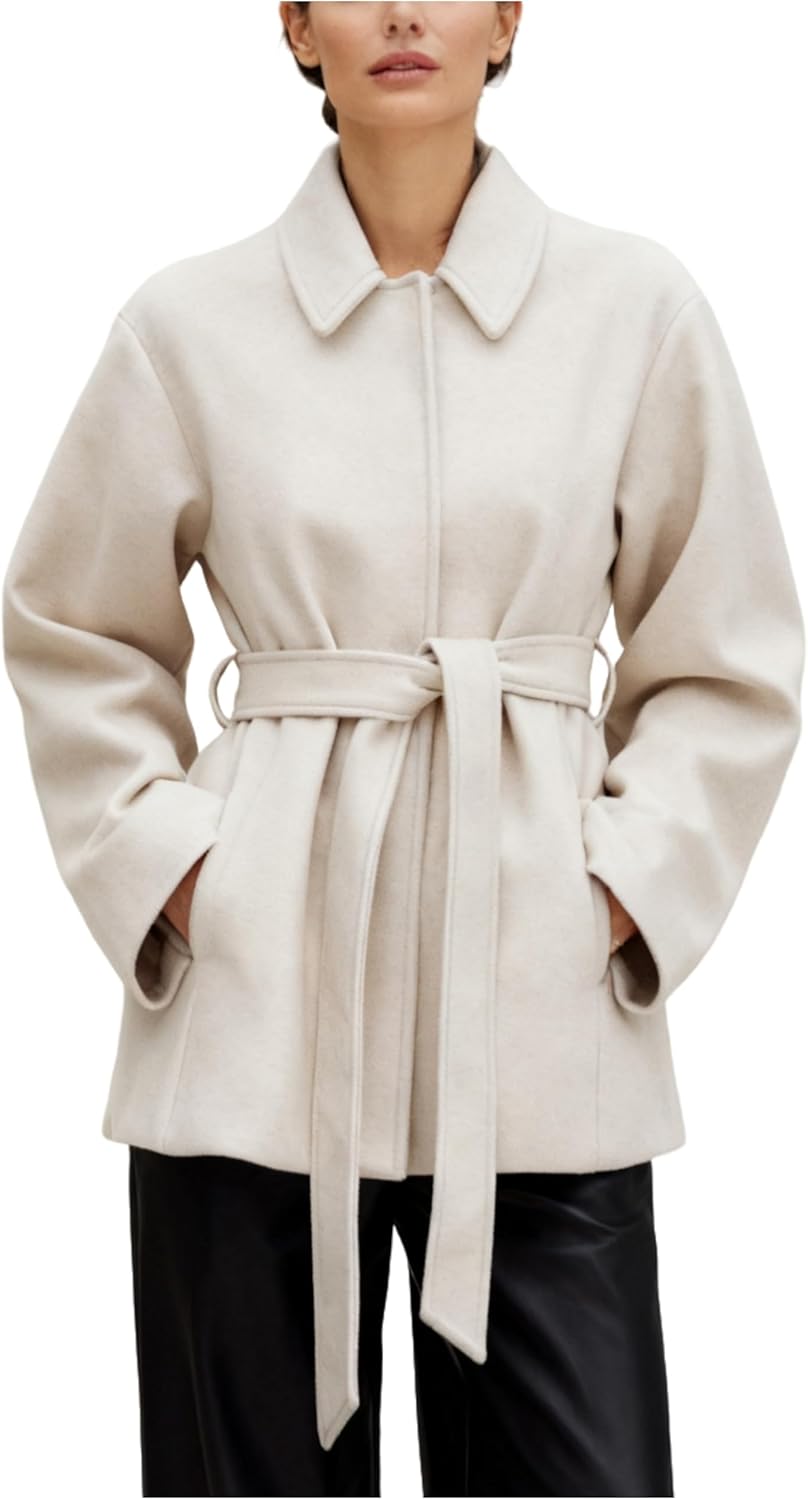 Coat for Women Wool Blend Short Peacoat Overcoat Button Tie Belt Winter Pea Coat with Pockets