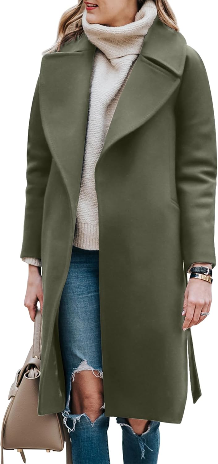 Women's Trench Coat Long Wool Blend Pea Coat Winter Casual Overcoat Notched Lapel Collar Belted Long Jacket Outerwear