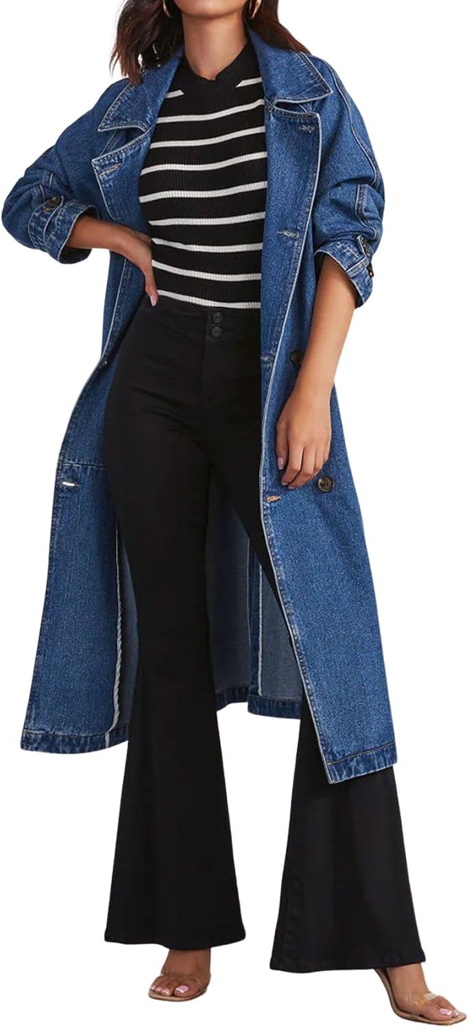Women Casual Double Breasted Long Denim Trench Coat Jean Jacket Trenchcoat with Belt Duster Coat
