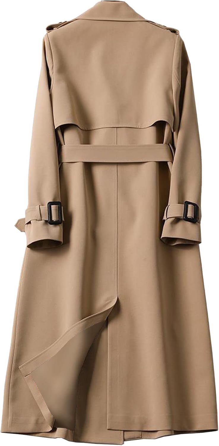 Women Double Breasted Long Trench Coat Belted Notch Lapel Overcoat Windproof Classic Outerwear