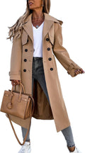 Women Double Breasted Long Trench Coat Windproof Classic Lapel Belted Overcoat with Pockets