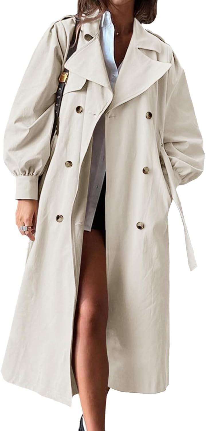 Women Long Trench Coat Fall Fashion Oversized Double Breasted Lapel Overcoat Outerwear with Belt