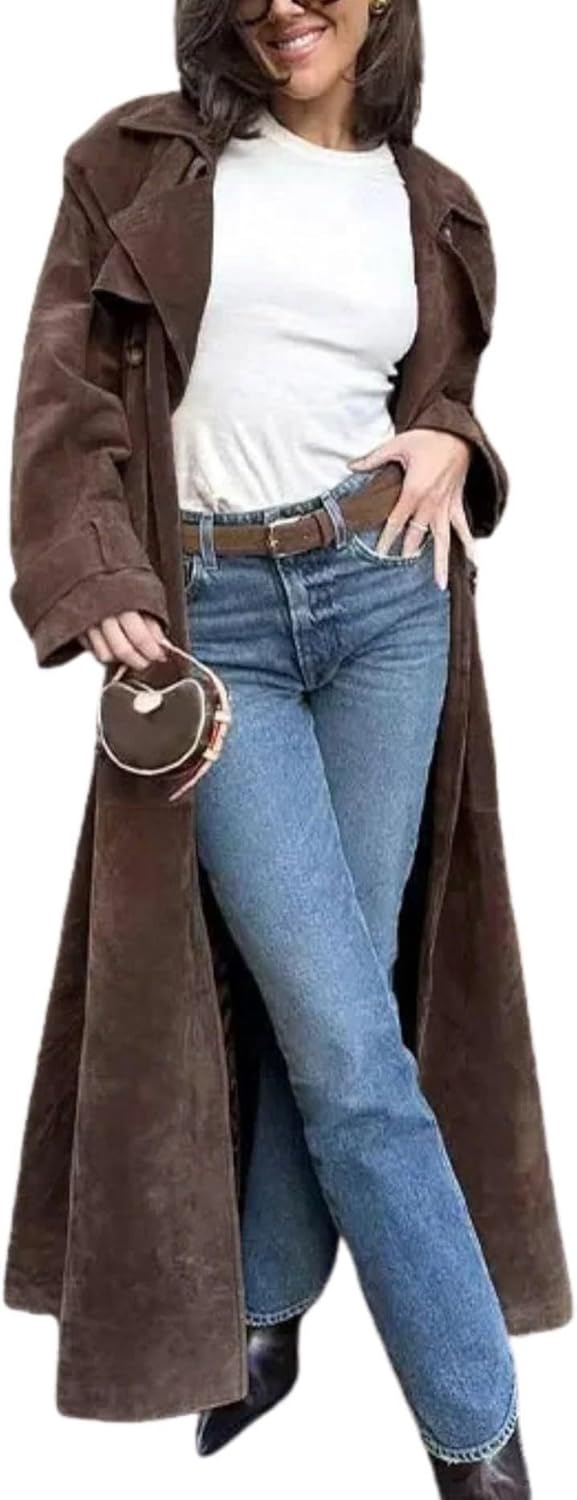 Women Faux Suede Long Trench Coat Notched Lapel Double Breasted Pea Coat Overcoat with Belt