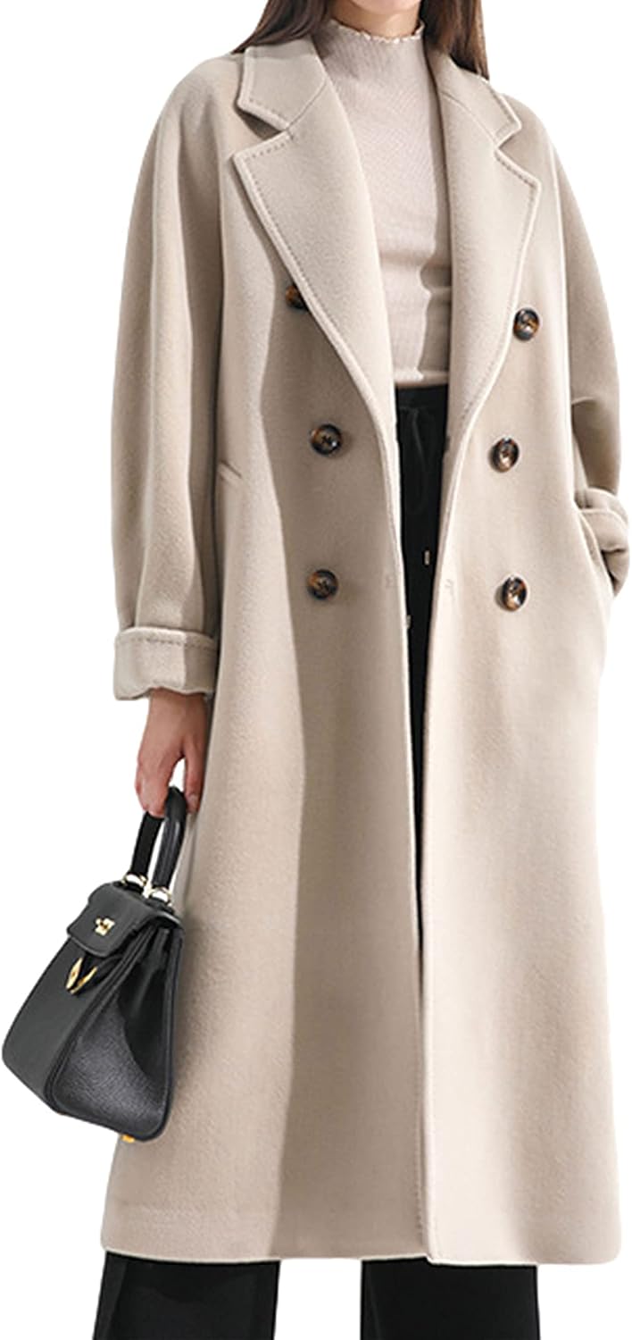 Women Wool Blend Pea Coat Camel Notched Collar Double Breasted Outerwear Jacket
