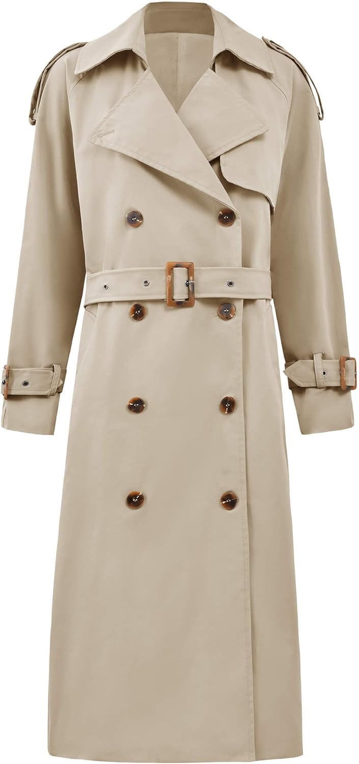 Women Long Trench Coat Double Breasted Classic Lapel Fall Overcoat with Belt