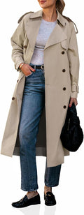 Women Long Trench Coat Double Breasted Classic Lapel Fall Overcoat with Belt