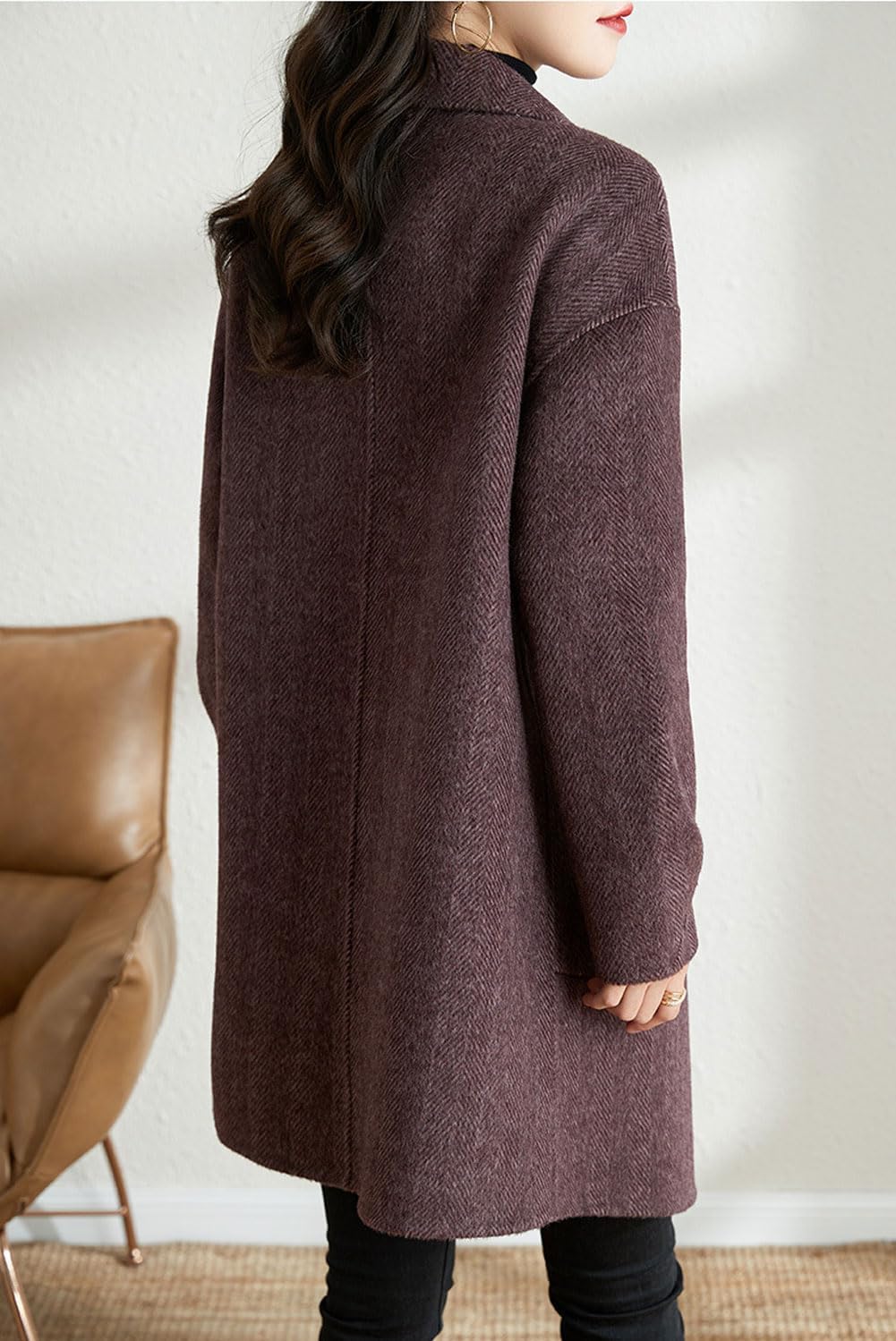 Women's Notch Lapel Herringbone Wool Coat Formal Office Work Double Breasted Winter Pea Coat