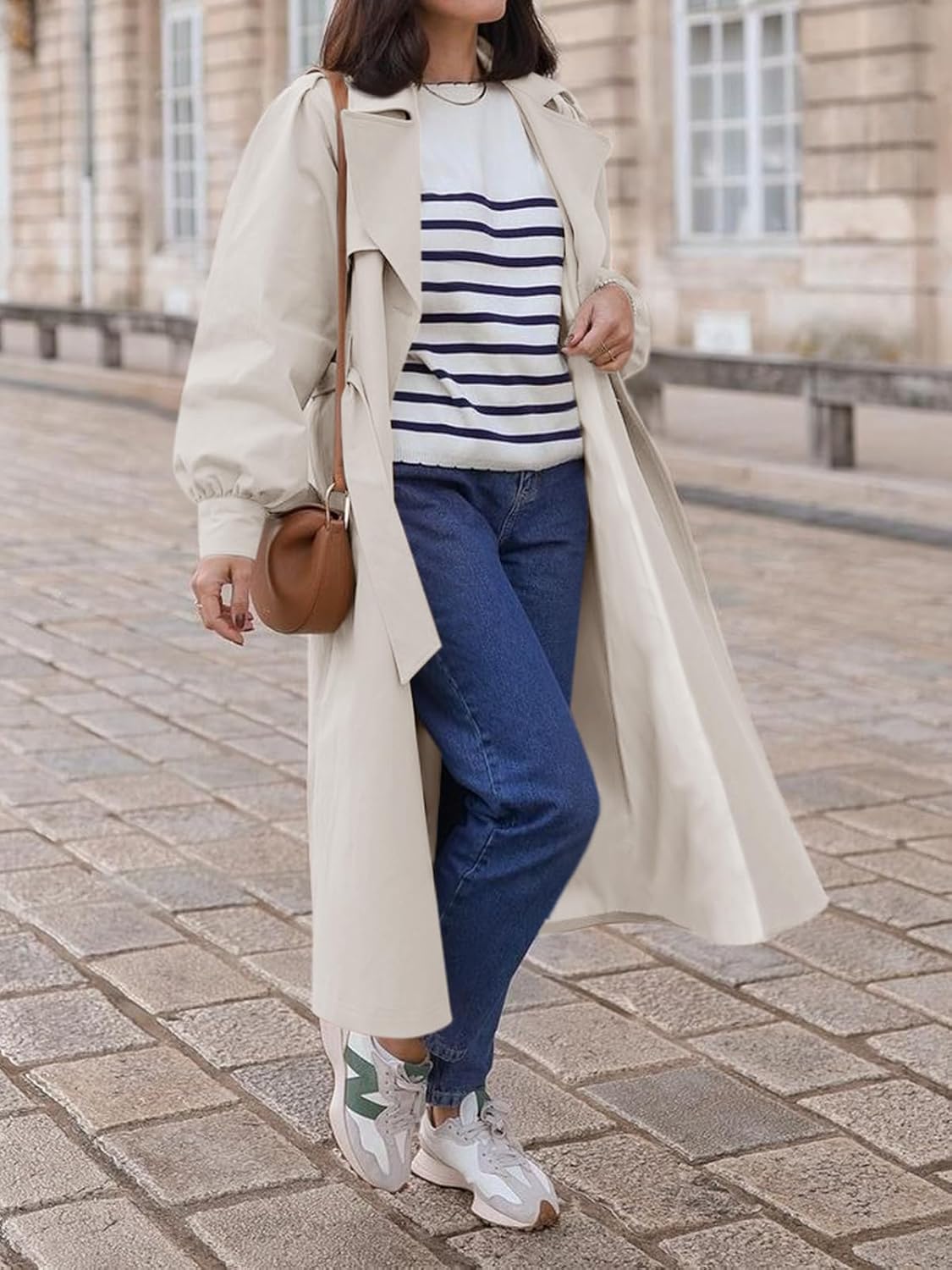 Women Long Trench Coat Fall Fashion Oversized Double Breasted Lapel Overcoat Outerwear with Belt