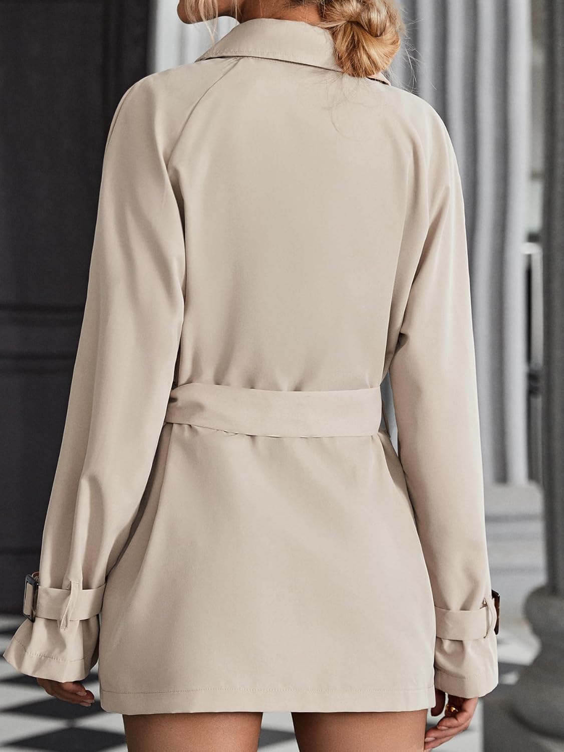 Women Solid Double Breasted Long Trench Coat Raglan Sleeve Belted Lapel Overcoat