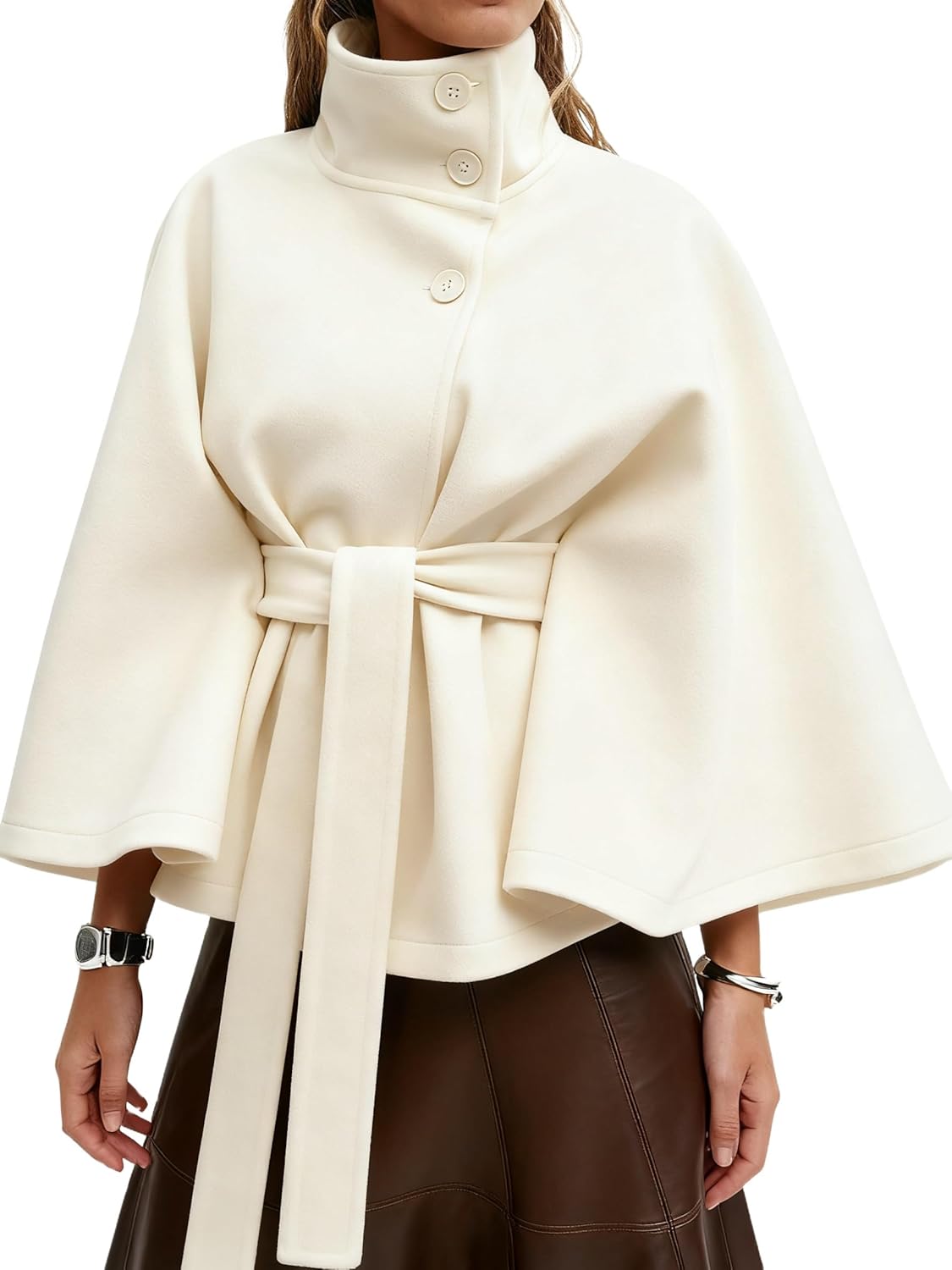 Kinghua Womens Batwing Sleeve Poncho Pea Coats Fall Trendy Stand Collar Belted Cloak Cape Wool Coats Winter Jackets