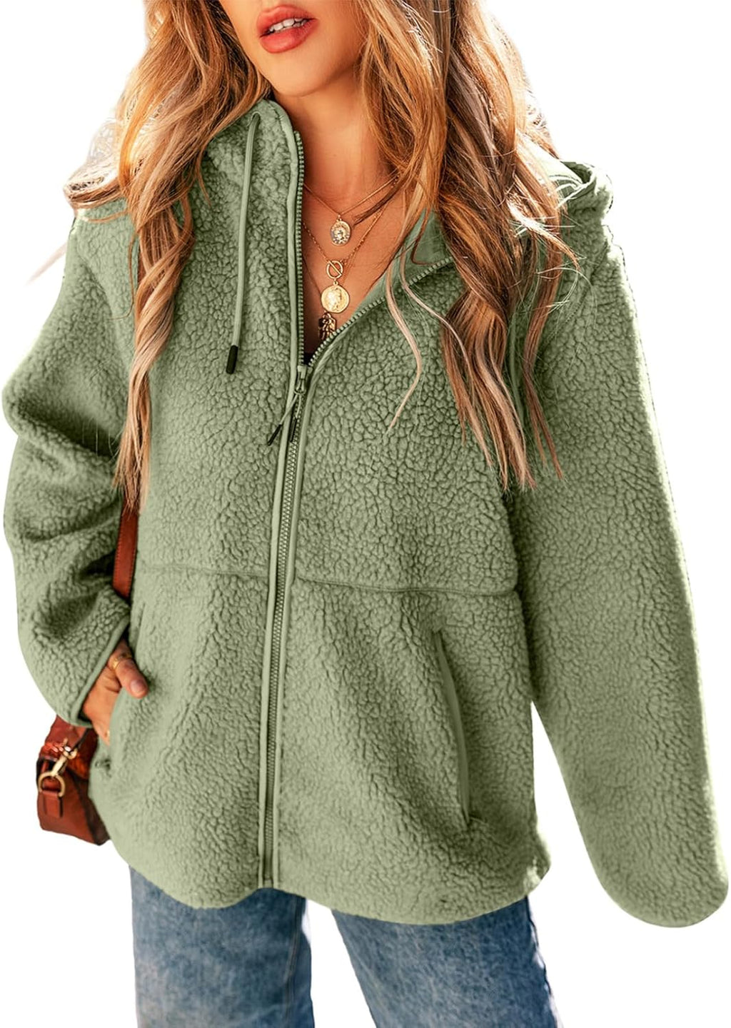 Womens Fleece Jacket Long Sleeve Zip Up Sherpa Coats 2025 Fall Winter Trendy Fuzzy Hooded Jackets with Pockets