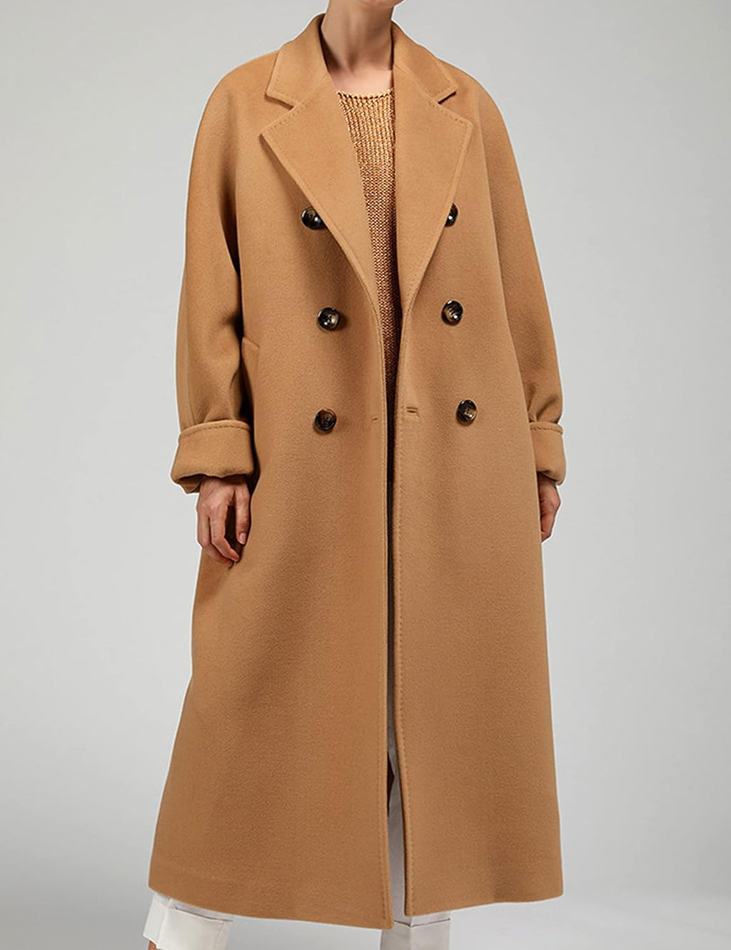 Women Wool Blend Pea Coat Camel Notched Collar Double Breasted Outerwear Jacket