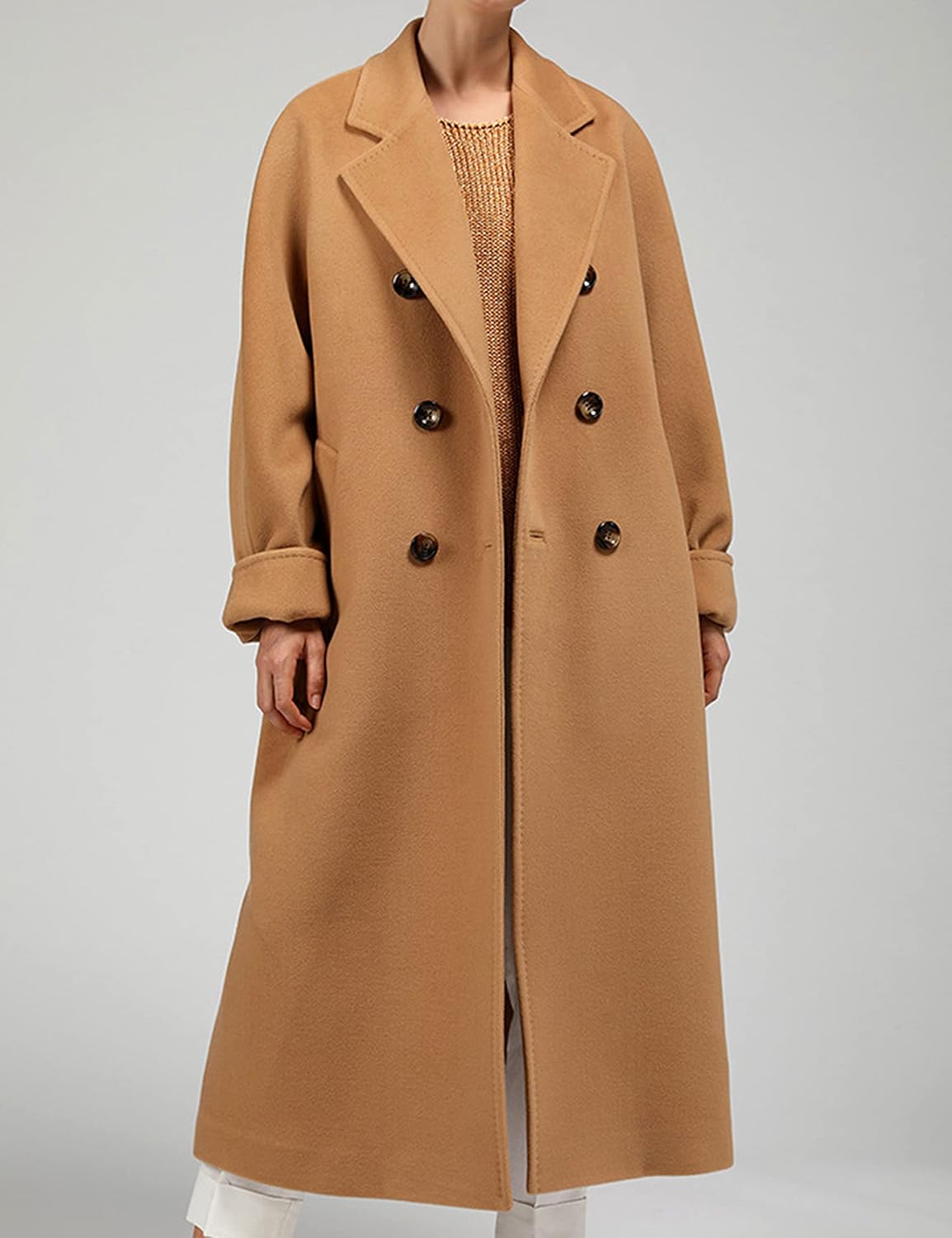 Women Wool Blend Pea Coat Camel Notched Collar Double Breasted Outerwear Jacket