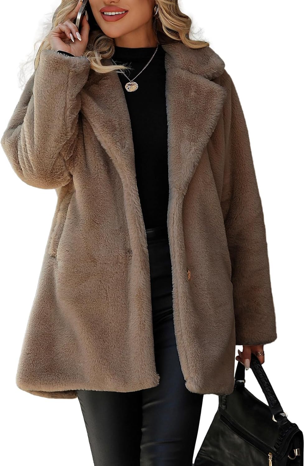 Women's Faux Fur Long Coat Button Down Lapel Fleece Sherpa Jacket