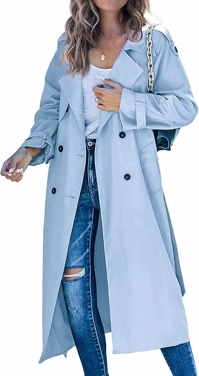 Women Windproof Trench Coat Notched Lapel Double Breasted Long Overcoat Casual Fall Winter Windbreaker Outerwear