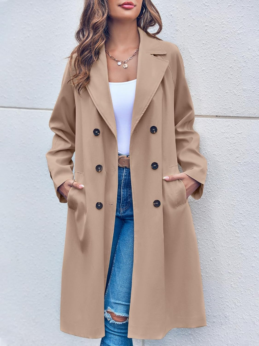 Women Double Breasted 3/4 Long Trench Coat Elegant Windproof Lapel Belted Overcoat