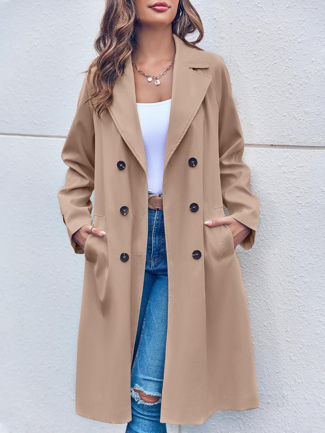 Women Double Breasted 3/4 Long Trench Coat Elegant Windproof Lapel Belted Overcoat