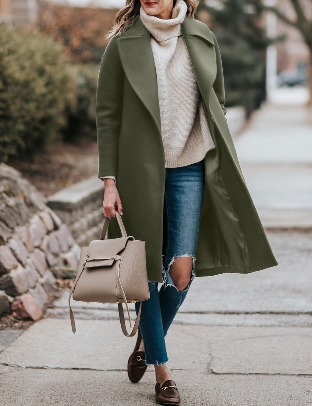 Women's Trench Coat Long Wool Blend Pea Coat Winter Casual Overcoat Notched Lapel Collar Belted Long Jacket Outerwear