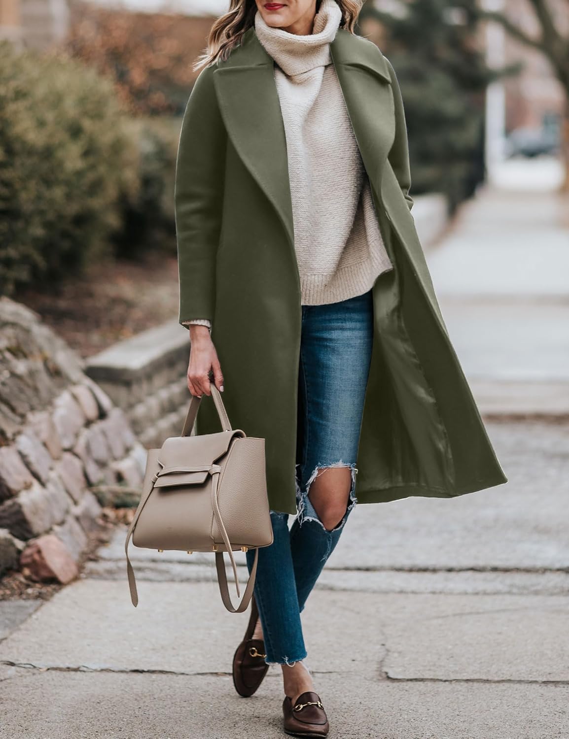 Women's Trench Coat Long Wool Blend Pea Coat Winter Casual Overcoat Notched Lapel Collar Belted Long Jacket Outerwear