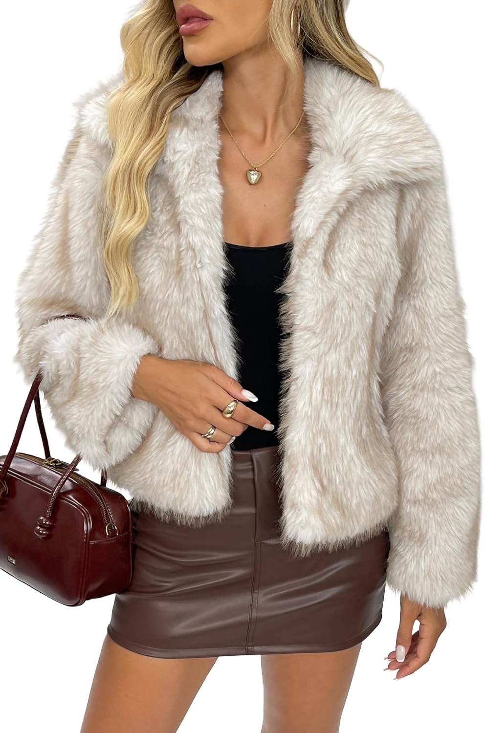 Women's Two-Tone Faux Fur Coat - Fluffy Winter Jacket with Lapel Collar, Hooks & Pockets
