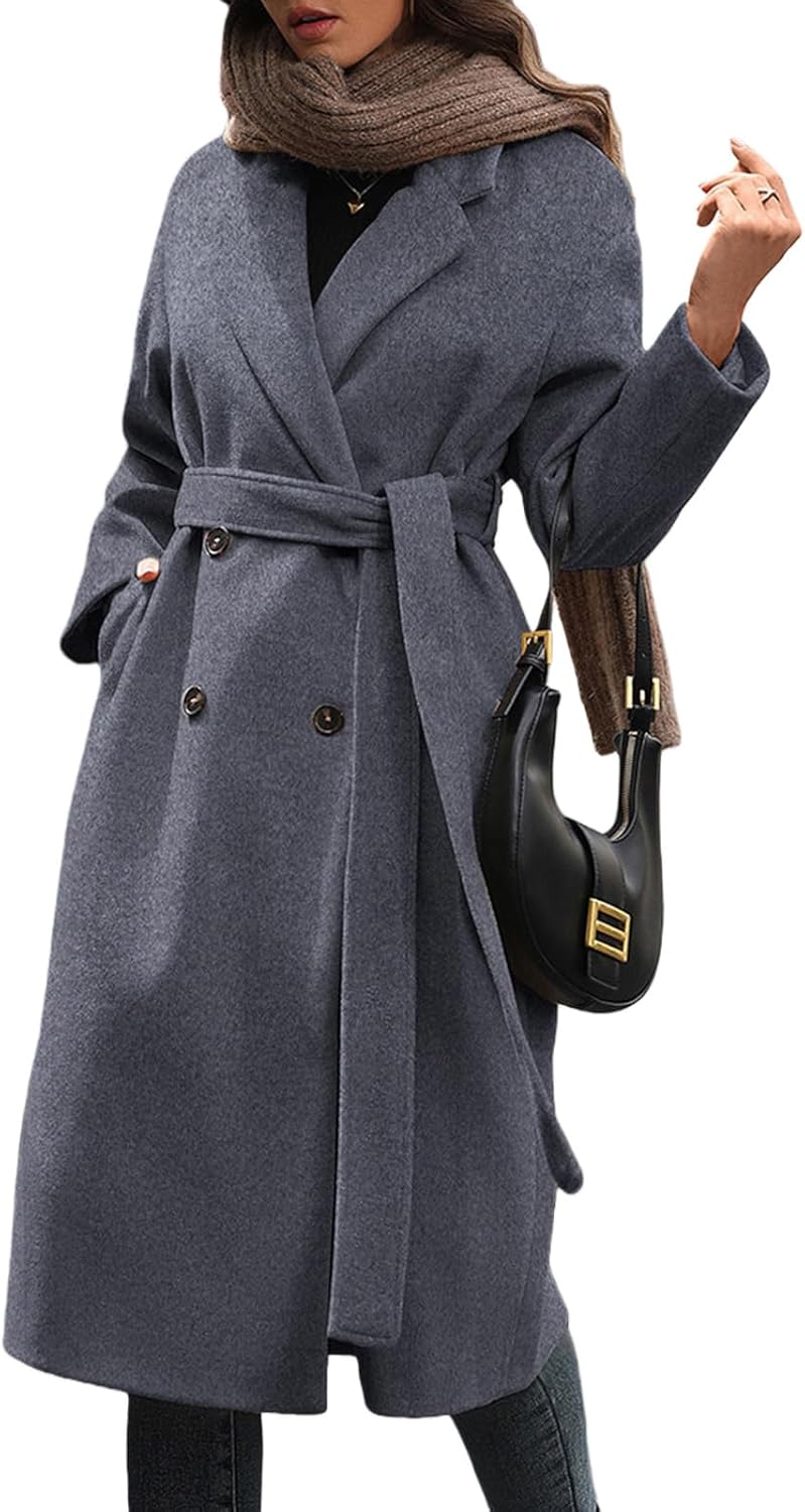 Women's Winter Double Breasted Wool Coat Long Sleeve Notched Collar Trench Long Oversized Button Down Overcoats