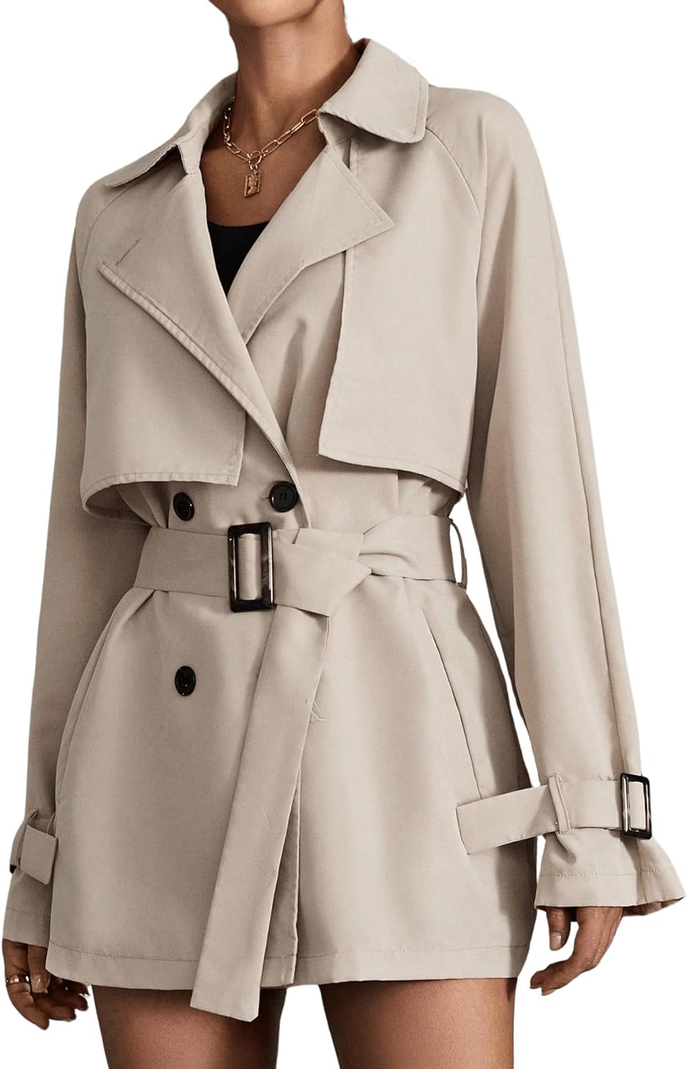 Women Solid Double Breasted Long Trench Coat Raglan Sleeve Belted Lapel Overcoat