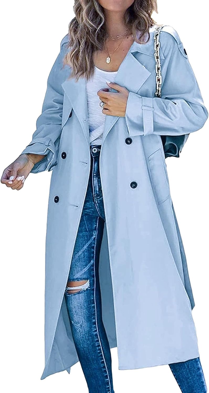 Women Windproof Trench Coat Notched Lapel Double Breasted Long Overcoat Casual Fall Winter Windbreaker Outerwear