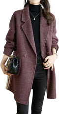 Women's Notch Lapel Herringbone Wool Coat Formal Office Work Double Breasted Winter Pea Coat