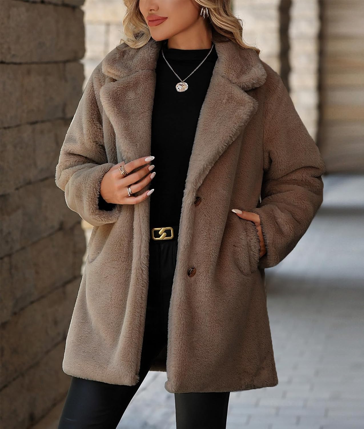 Women's Faux Fur Long Coat Button Down Lapel Fleece Sherpa Jacket