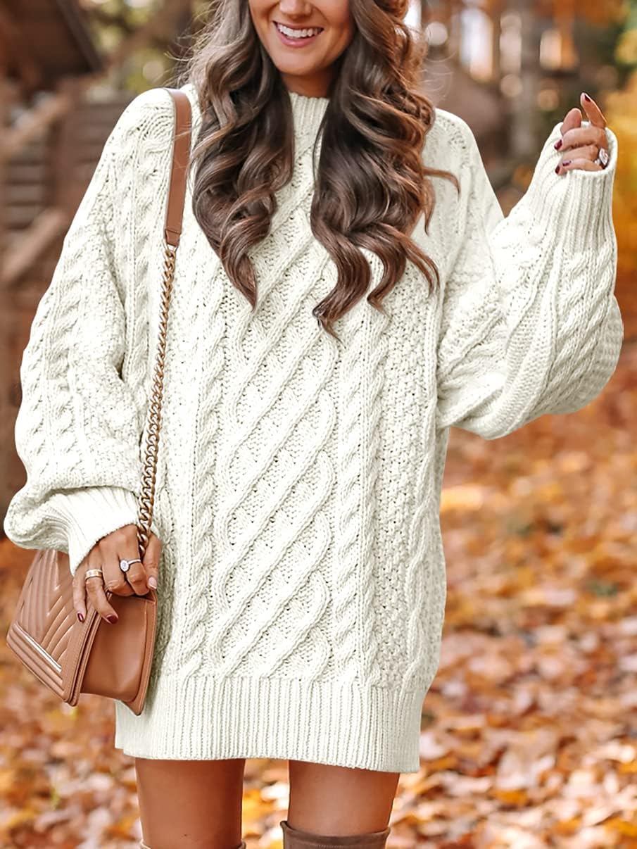 Women Long Sleeve Oversized Cable Knit Chunky Baggy Loose Pullover Tunic Mini Sweater Dress 2025 Trendy Fall Outfits